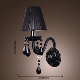 Applique da parete in cristallo nero con paralume in tessuto, 1 lampadina E12/E14, 36x24x24 cm