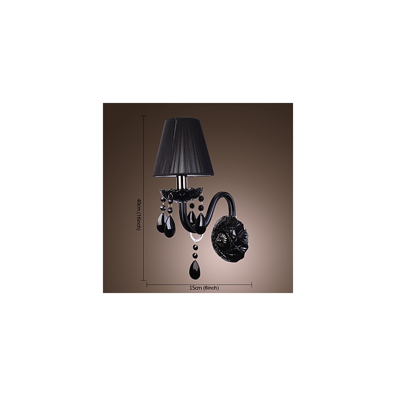 Applique da parete in cristallo nero con paralume in tessuto, 1 lampadina E12/E14, 36x24x24 cm