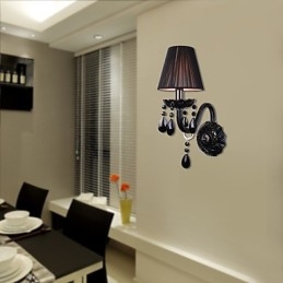 Applique da parete in cristallo nero con paralume in tessuto, 1 lampadina E12/E14, 36x24x24 cm