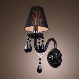 Applique da parete in cristallo nero con paralume in tessuto, 1 lampadina E12/E14, 36x24x24 cm