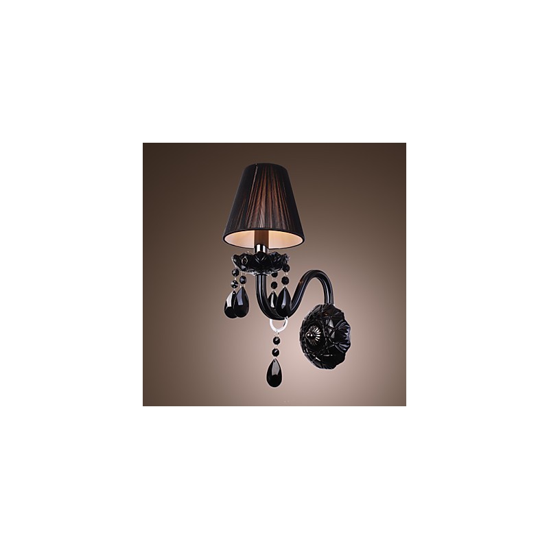 Applique da parete in cristallo nero con paralume in tessuto, 1 lampadina E12/E14, 36x24x24 cm
