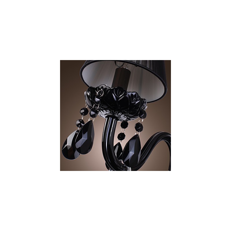 Applique da parete in cristallo nero con paralume in tessuto, 1 lampadina E12/E14, 36x24x24 cm