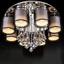 Lampadario contemporaneo in metallo marrone con paralume in tessuto e cristalli