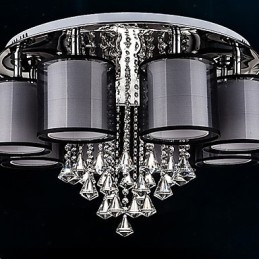 Lampadario contemporaneo in metallo marrone con paralume in tessuto e cristalli