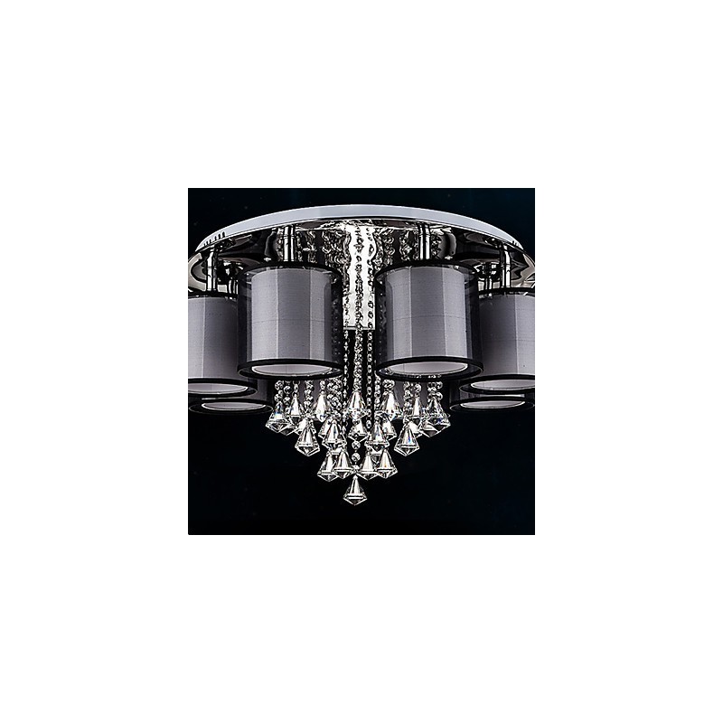 Lampadario contemporaneo in metallo marrone con paralume in tessuto e cristalli