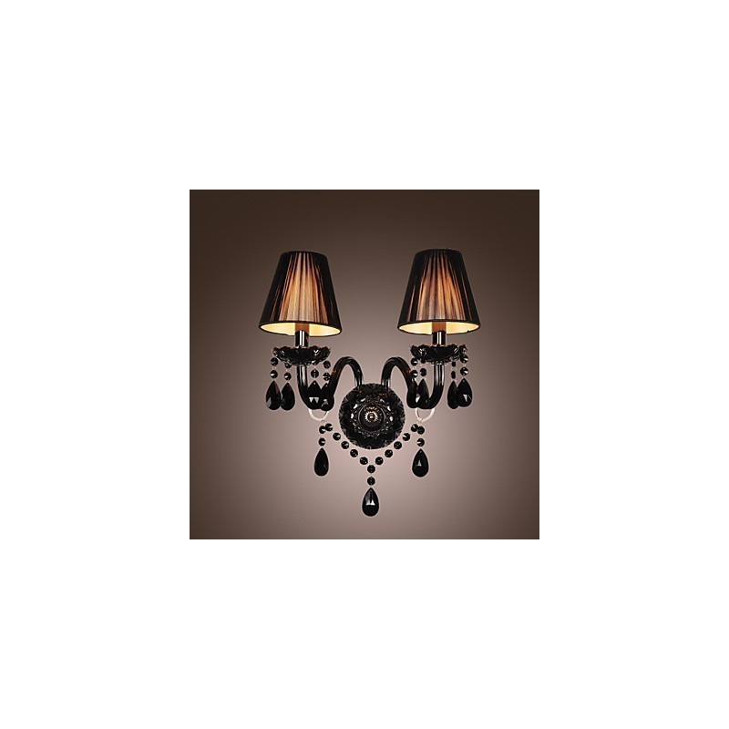 Applique da parete in cristallo nero, 2 lampadine E12/E14, 43 cm