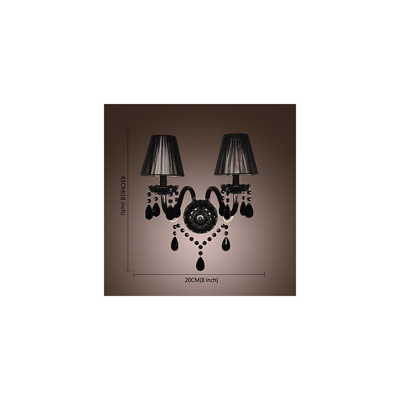 Applique da parete in cristallo nero, 2 lampadine E12/E14, 43 cm