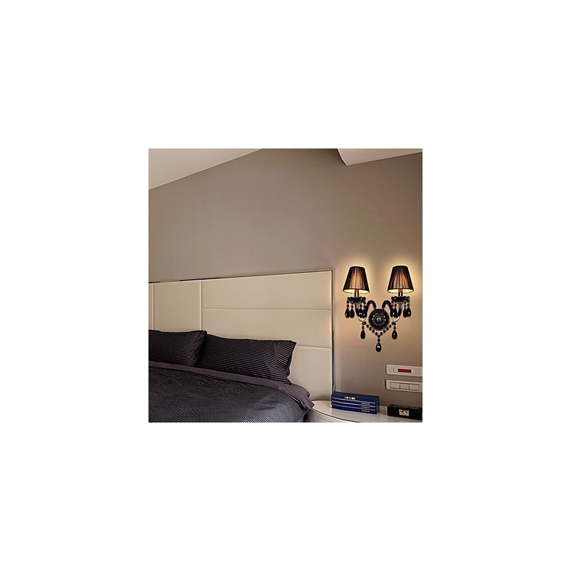 Applique da parete in cristallo nero, 2 lampadine E12/E14, 43 cm