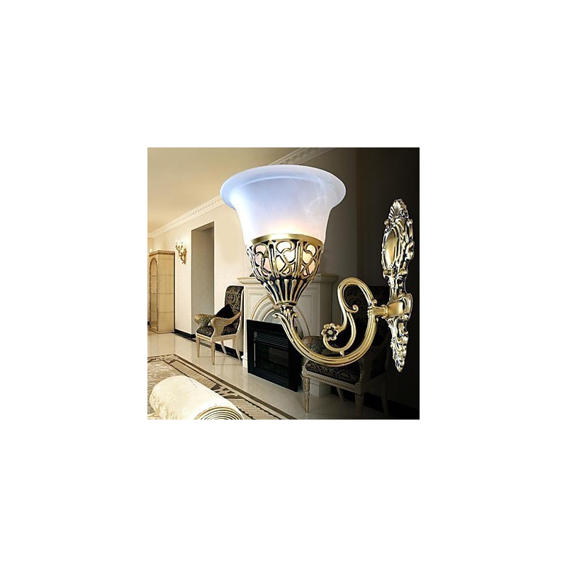 Applique da parete classica in bronzo con paralume in vetro moiré bianco 220V
