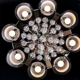 Lampadario contemporaneo in metallo marrone con paralume in tessuto e cristalli