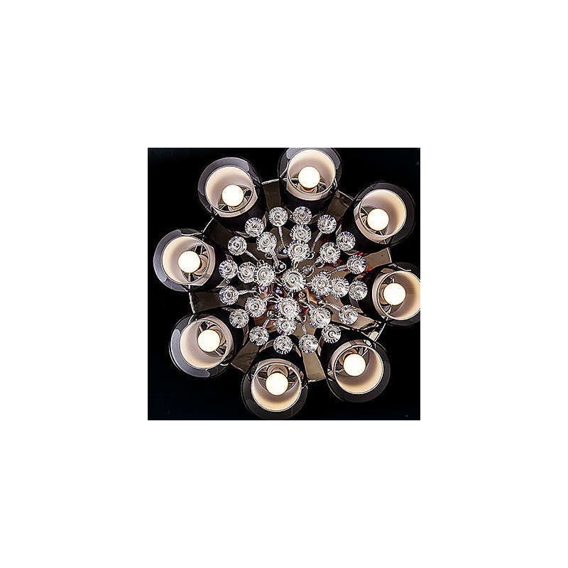 Lampadario contemporaneo in metallo marrone con paralume in tessuto e cristalli
