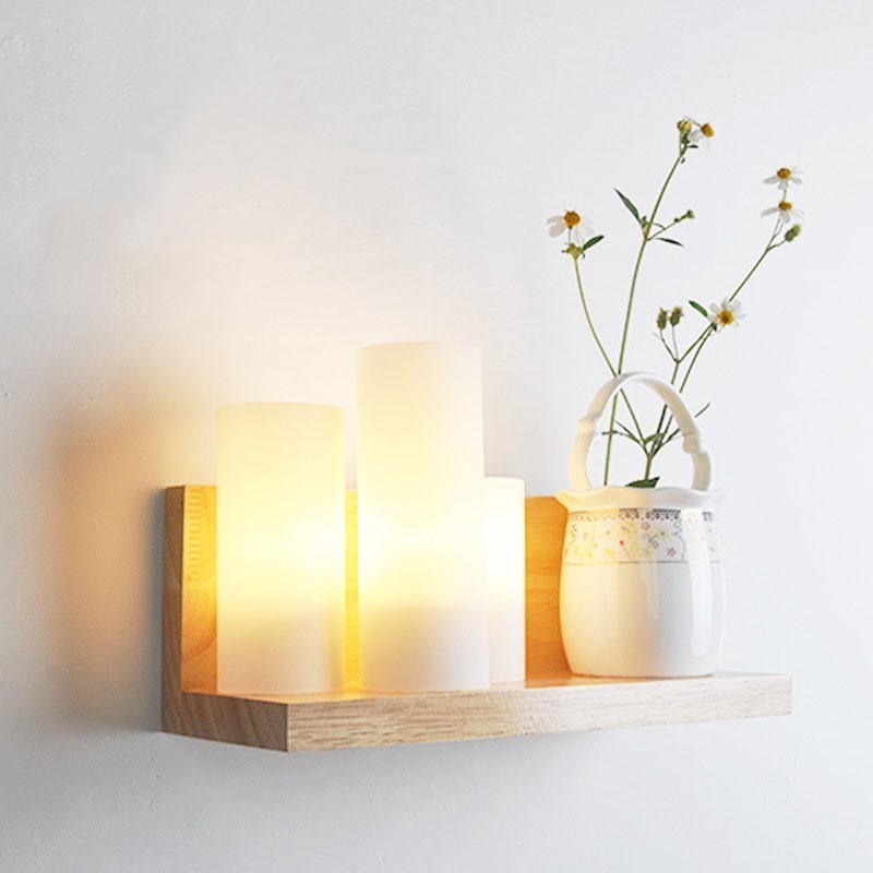 Applique da parete mini moderna in legno e bambù con paralumi in vetro