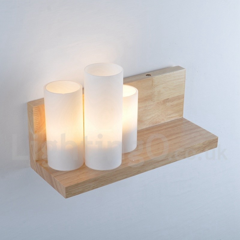 Applique da parete mini moderna in legno e bambù con paralumi in vetro