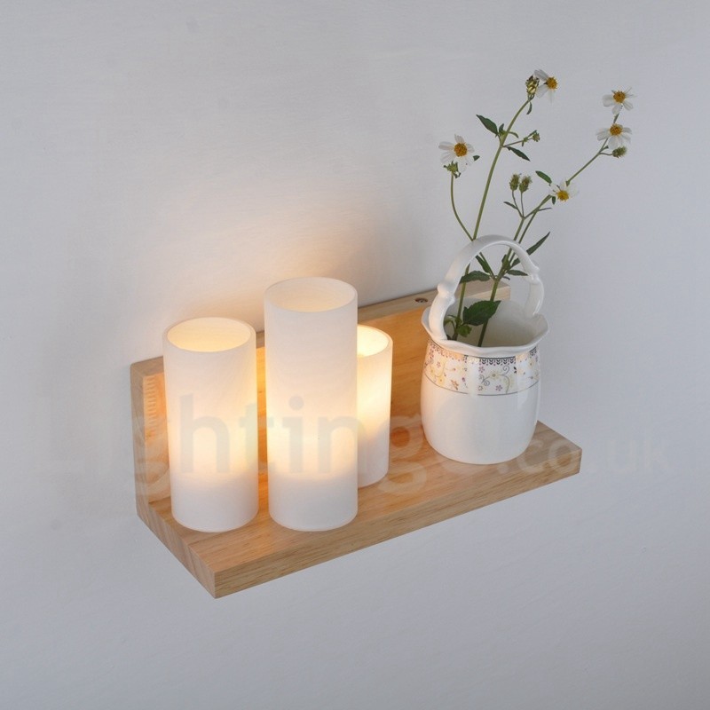 Applique da parete mini moderna in legno e bambù con paralumi in vetro