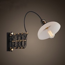 Applique da parete telescopica in ferro stile vintage industriale nero con paralume in vetro bianco