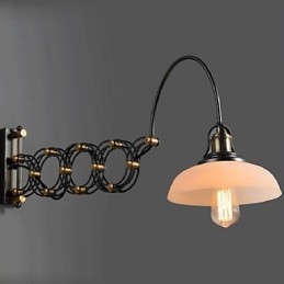 Applique da parete telescopica in ferro stile vintage industriale nero con paralume in vetro bianco