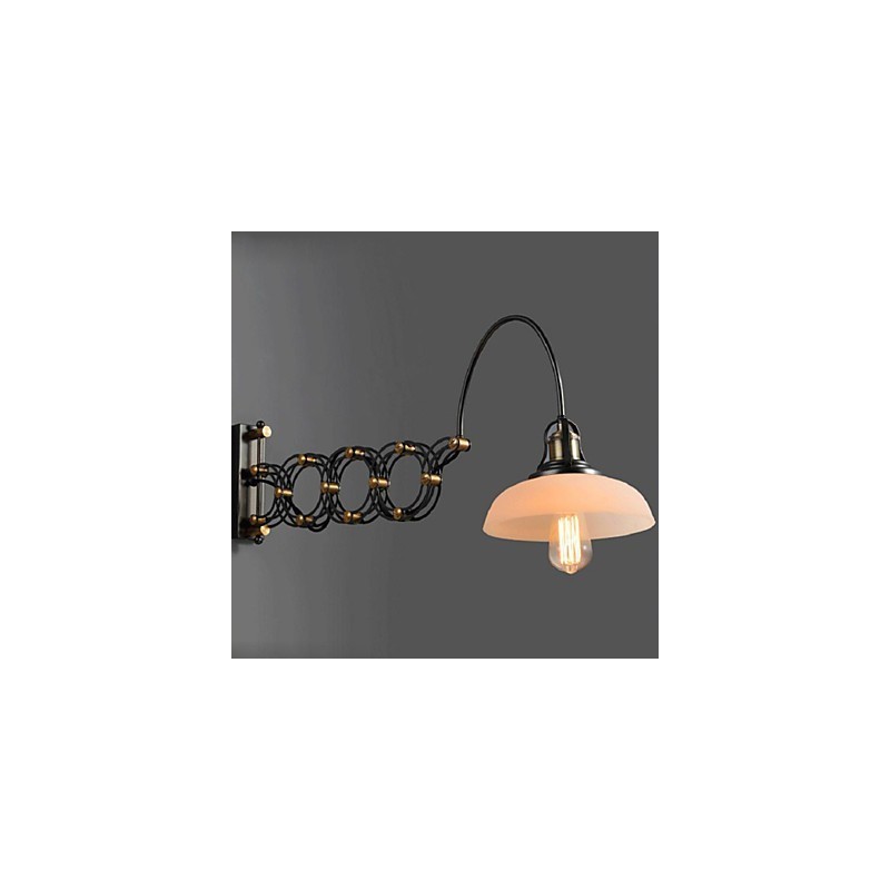 Applique da parete telescopica in ferro stile vintage industriale nero con paralume in vetro bianco