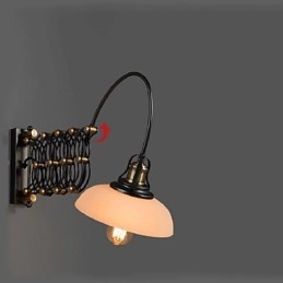 Applique da parete telescopica in ferro stile vintage industriale nero con paralume in vetro bianco