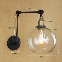Applique da parete con braccio telescopico in vetro nero trasparente