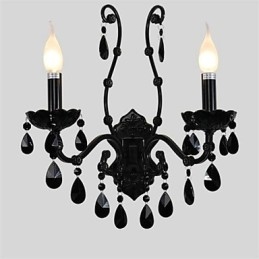 Applique da parete mini in cristallo stile candela, metallo nero, 2 luci
