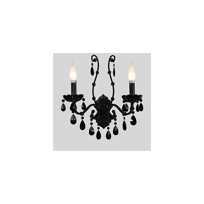 Applique da parete mini in cristallo stile candela, metallo nero, 2 luci