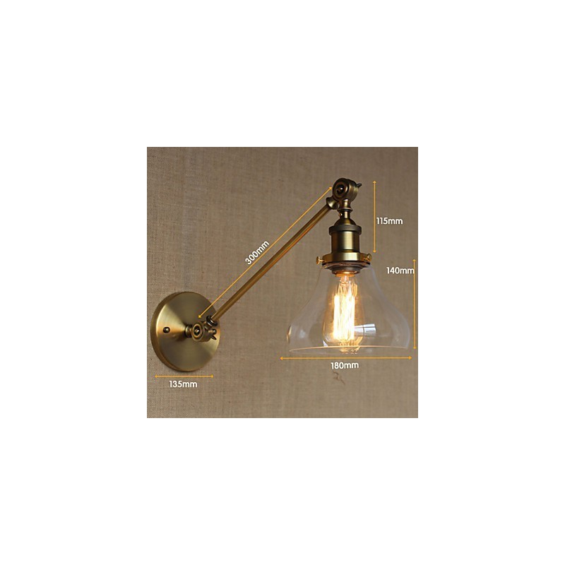 Applique da parete retrò country americano in ferro e vetro, bronzo, 1 lampadina E26/E27
