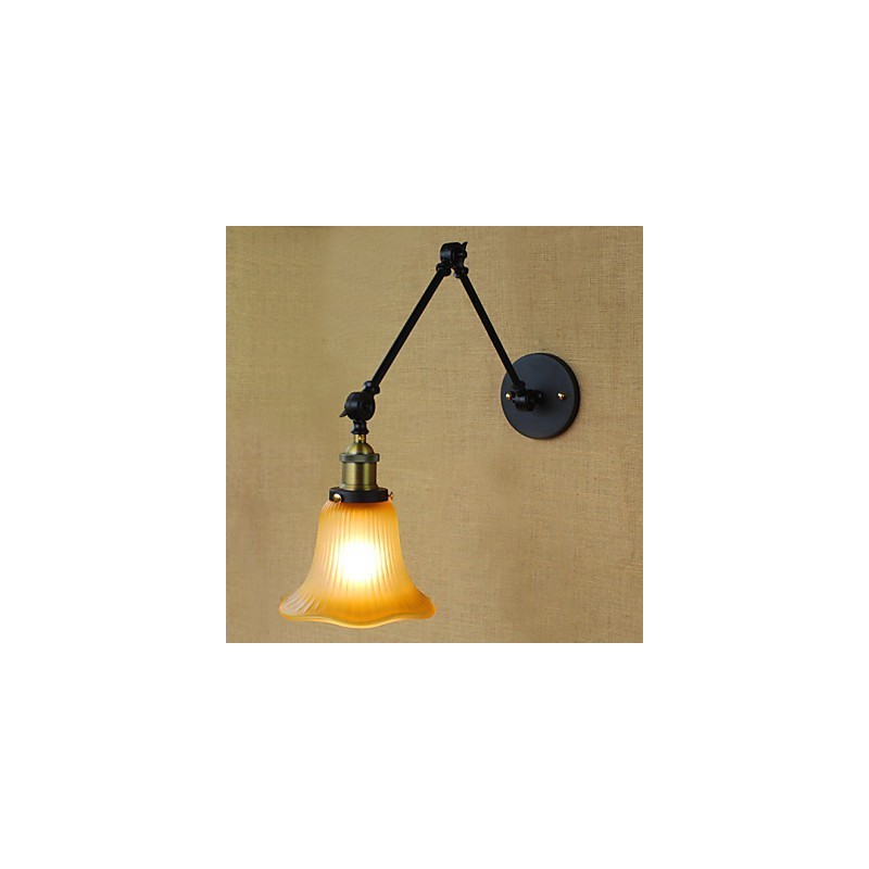 Applique da parete rustica/lodge in metallo e vetro nero, braccio oscillante, E26/E27