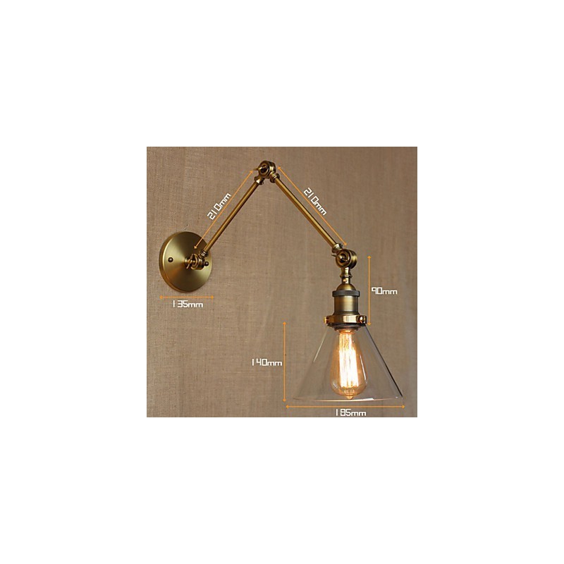 Applique da parete con braccio oscillante in ottone antico con lampadina inclusa