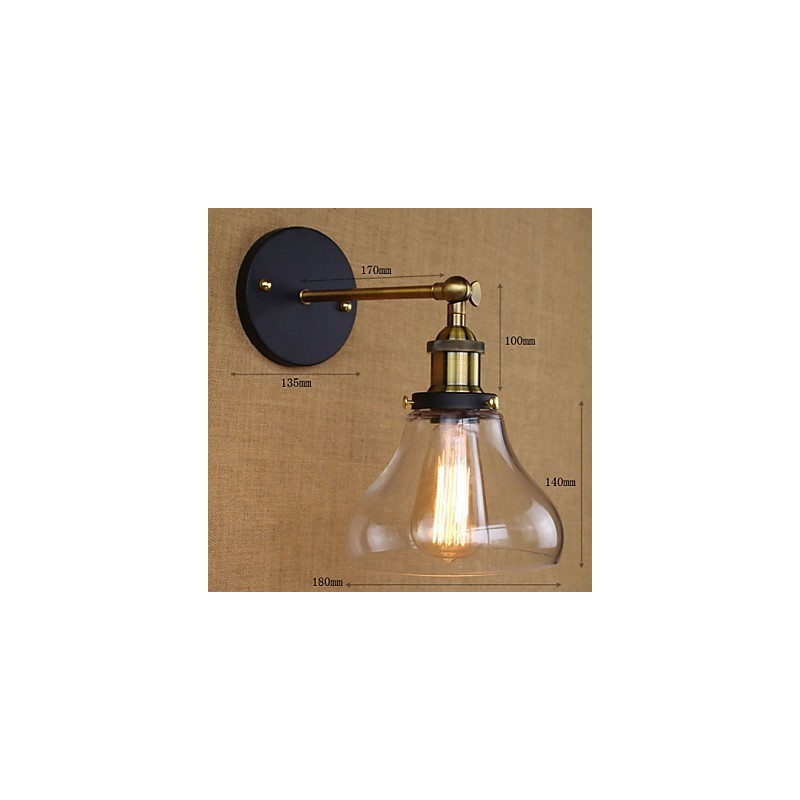 Applique da parete rustica in stile country americano, oro/nero/trasparente, con lampadina E26/E27