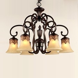 Lampadario a sospensione vintage country in metallo e vetro marrone e giallo 6 luci