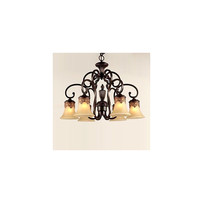 Lampadario a sospensione vintage country in metallo e vetro marrone e giallo 6 luci
