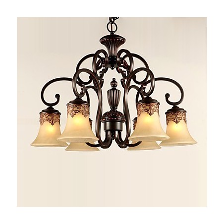Lampadario a sospensione vintage country in metallo e vetro marrone e giallo 6 luci