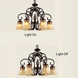 Lampadario a sospensione vintage country in metallo e vetro marrone e giallo 6 luci