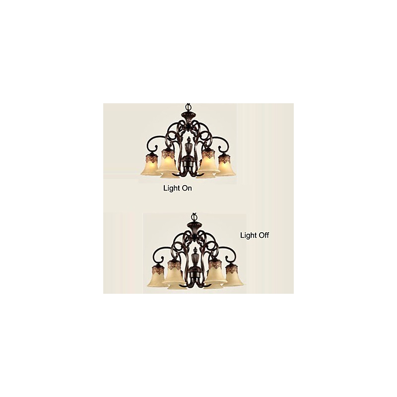 Lampadario a sospensione vintage country in metallo e vetro marrone e giallo 6 luci
