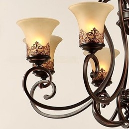 Lampadario a sospensione vintage country in metallo e vetro marrone e giallo 6 luci