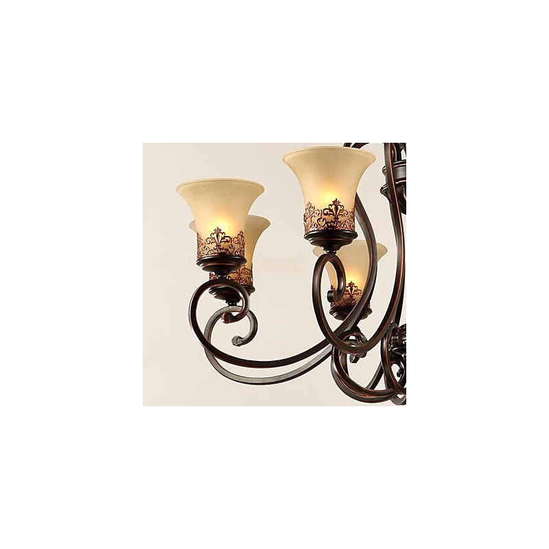 Lampadario a sospensione vintage country in metallo e vetro marrone e giallo 6 luci