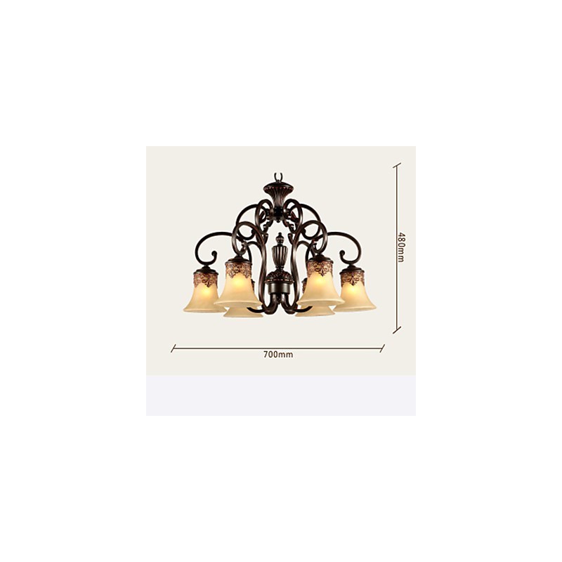 Lampadario a sospensione vintage country in metallo e vetro marrone e giallo 6 luci