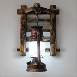 Applique da parete retrò in stile lanterna a cherosene in legno e bambù con paralume in vetro