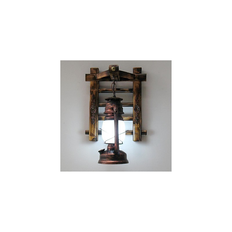 Applique da parete retrò in stile lanterna a cherosene in legno e bambù con paralume in vetro