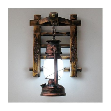Applique da parete retrò in stile lanterna a cherosene in legno e bambù con paralume in vetro