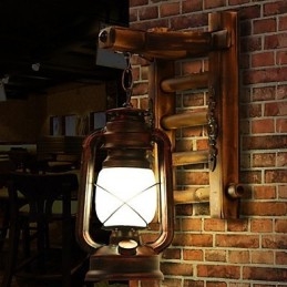Applique da parete retrò in stile lanterna a cherosene in legno e bambù con paralume in vetro