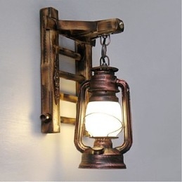 Applique da parete retrò in stile lanterna a cherosene in legno e bambù con paralume in vetro