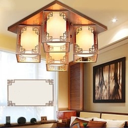 Plafoniera a filo stile cinese in ferro dorato con 4 luci LED, 49 cm