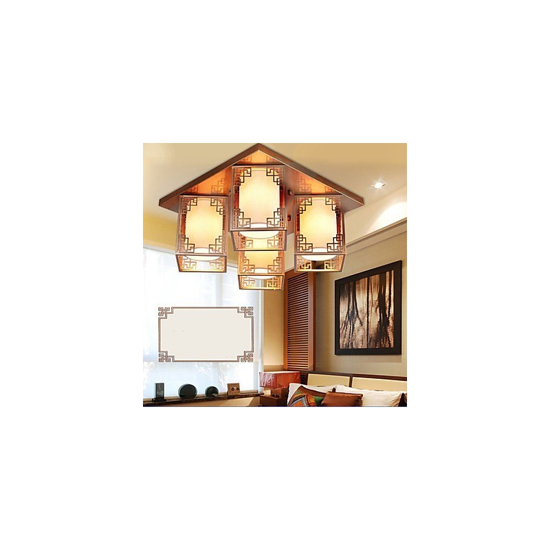 Plafoniera a filo stile cinese in ferro dorato con 4 luci LED, 49 cm