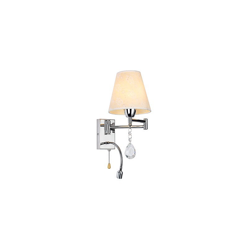 Applique da parete da lettura per camera da letto in tessuto con braccio oscillante cromo