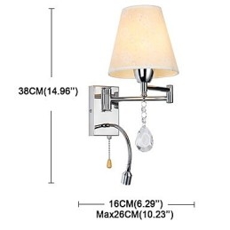 Applique da parete da lettura per camera da letto in tessuto con braccio oscillante cromo