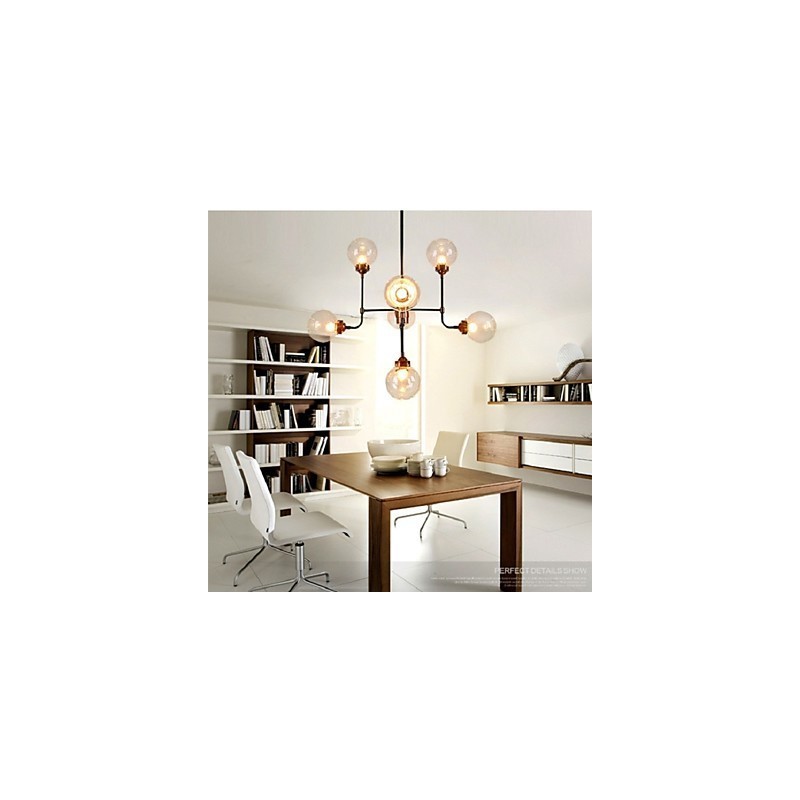 Lampadario a filo classico in ferro battuto con sfere di vetro trasparenti, 8 luci, 90 cm
