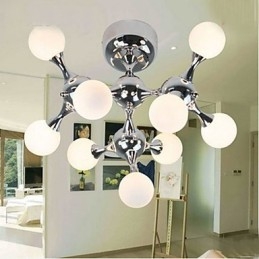Plafoniera a filo con sfera in vetro artistico, 9 luci, argento e nero