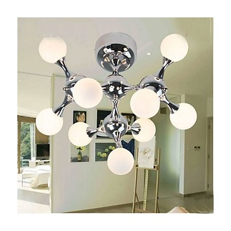 Plafoniera a filo con sfera in vetro artistico, 9 luci, argento e nero
