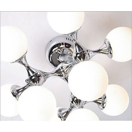 Plafoniera a filo con sfera in vetro artistico, 9 luci, argento e nero